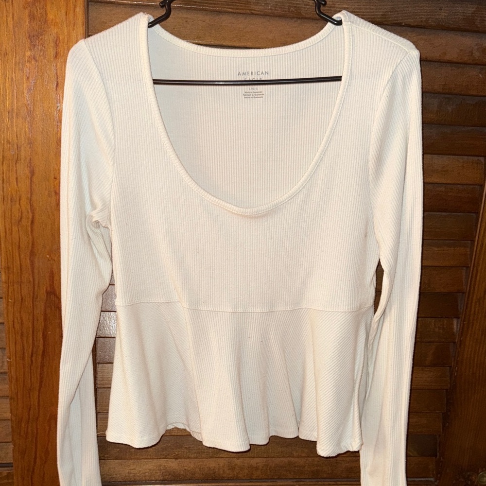 American Eagle Outfitters Cream Ribbed Long Sleeve Top